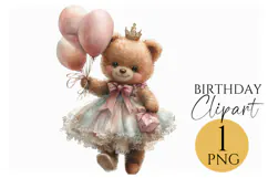 Cute Birthday Teddy Bear Clipart PNG for Cards & Invitations Product Image 1