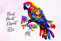 Parrot with floral pattern watercolor clipart PNG Product Image 1