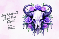 Goat skull with purple roses watercolor clipart Product Image 1