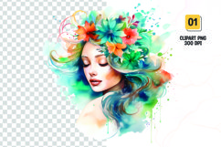 Watercolor floral girl head clipart sublimation png Product Image 1