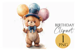 Cute Teddy Bear Birthday Clipart PNG for Cards & Invitations Product Image 1