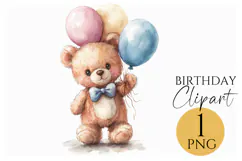 Cute Teddy Bear Birthday Balloon Clipart PNG for Decorations Product Image 1