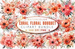 Watercolor Coral Floral Bouquet Clipart Bundle Product Image 1