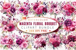 Watercolor Magenta Floral Bouquet Clipart Bundle Product Image 1