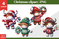 Knitted Christmas clipart Crochet Highland Cow Christmas PNG Product Image 1