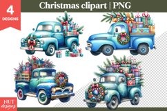 Cute Christmas clipart, Vintage Christmas Blue Truck Clipart Product Image 1