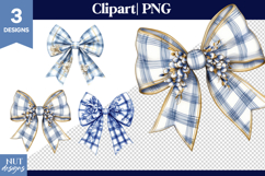 Gorgeous Bow clipart, Plaid floral bow, White-Blue bow png Product Image 1