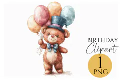 Cute Teddy Bear Birthday Balloon Clipart PNG for Invitations Product Image 1