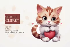 Watercolor Cute Cat Valentine Clipart PNG Product Image 1