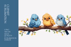 Funny Birds Sitting On Branch Watercolor Clipart Sublimation Product Image 1