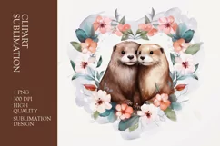 Two otter couple heart sign and flower Clipart sublimation Product Image 1