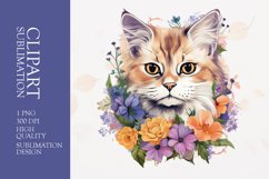 Watercolor Floral Cat Clipart Sublimation Product Image 1