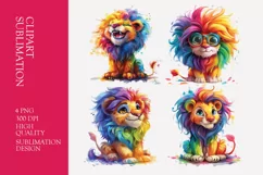 A cute cartoon lion long hair full body watercolor clipart Product Image 1