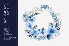 Blue floral wreath watercolor clipart sublimation Product Image 1