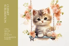Cute floral baby cat on swing watercolor clipart sublimation Product Image 1