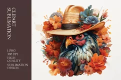 Floral Farm rooster with sun hat watercolor clipart Product Image 1