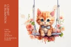 Cute floral baby cat on swing watercolor clipart sublimation Product Image 1