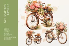 Bicycle with floral basket watercolor clipart png Product Image 1