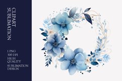 Blue floral wreath watercolor clipart sublimation Product Image 1