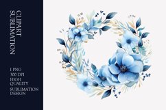 Blue floral wreath watercolor clipart sublimation Product Image 1