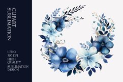Blue floral wreath watercolor clipart sublimation Product Image 1