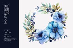 Blue floral wreath watercolor clipart sublimation Product Image 1