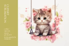 Cute floral baby cat on swing watercolor clipart sublimation Product Image 1