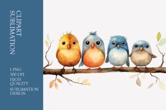 Funny Birds Sitting On Branch Watercolor Clipart Sublimation Product Image 1
