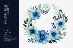 Blue floral wreath watercolor clipart sublimation Product Image 1