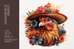 Floral Farm rooster with sun hat watercolor clipart Product Image 1