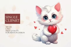 Watercolor Cute Cat Valentine Clipart PNG Product Image 1