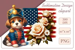 Cute and adorable cartoon puppy on American flag background with white flowers. Perfect for 4th of july Independence Day. Create a joyful mood with this adorable character.