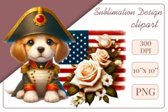 Cute and adorable cartoon puppy on American flag background with white flowers. Perfect for 4th of july Independence Day. Create a joyful mood with this adorable character.