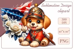 Cute and adorable cartoon puppy on American flag background with white flowers. Perfect for 4th of july Independence Day. Create a joyful mood with this adorable character.