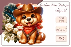 Cute and adorable cartoon puppy on American flag background with white flowers. Perfect for 4th of july Independence Day. Create a joyful mood with this adorable character.