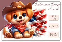Cute and adorable cartoon puppy on American flag background with white flowers. Perfect for 4th of july Independence Day. Create a joyful mood with this adorable character.