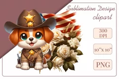 Cute and adorable cartoon puppy on American flag background with white flowers. Perfect for 4th of july Independence Day. Create a joyful mood with this adorable character.