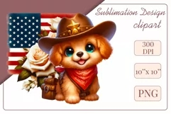 Cute and adorable cartoon puppy on American flag background with white flowers. Perfect for 4th of july Independence Day. Create a joyful mood with this adorable character.