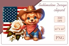  Cute and adorable cartoon puppy on American flag background with white flowers. Perfect for 4th of july Independence Day. Create a joyful mood with this adorable character.