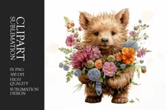 Watercolor Highland Cow With Flowers Clipart Sublimation Product Image 1