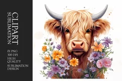 Watercolor Highland Cow With Flowers Clipart Sublimation Product Image 2