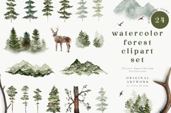 Watercolor Forest Digital Clipart Set Mountain Deer Trees Product Image 1