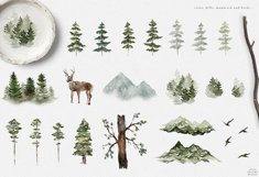 Watercolor Forest Digital Clipart Set Mountain Deer Trees Product Image 4
