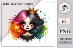 Hand-painted watercolor clown girl with a crown and rainbow curls. Elegant and eerie character for Halloween or circus-themed designs.