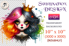 Hand-painted watercolor clown girl with a crown and rainbow curls. Elegant and eerie character for Halloween or circus-themed designs.