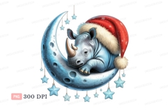 Rhino resting on moon wearing santa hat stars Product Image 1