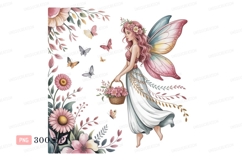 Pink haired fairy with flower basket flowers butterflies Product Image 1