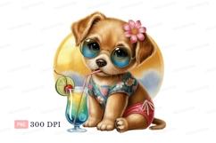 Adorable puppy wearing sunglasses and swimsuit drinks cockta Product Image 1