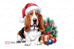 Basset hound wearing Santa hat with Christmas decorations Product Image 1