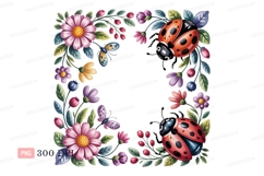 Pink flowers ladybugs butterflies floral border berries Product Image 1